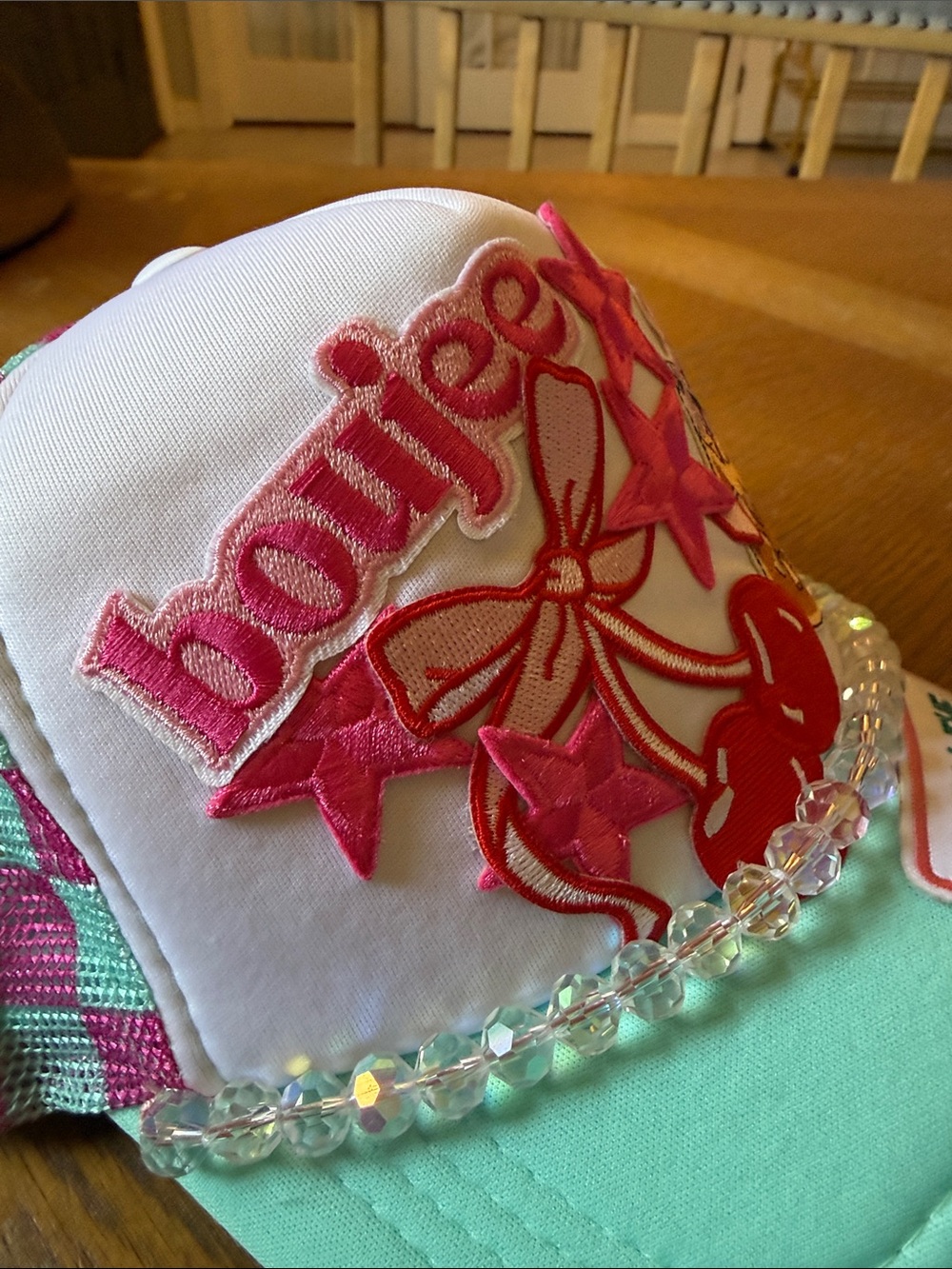 Boujee Embroidered Cherry Patch Trucker hat- Mint & Pink - Picture 4 of 4
